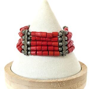 VTG Mexico Red Dyed Bone Bovine Bead Bracelet 5-Strand Ethnic Tribal Silver Tone